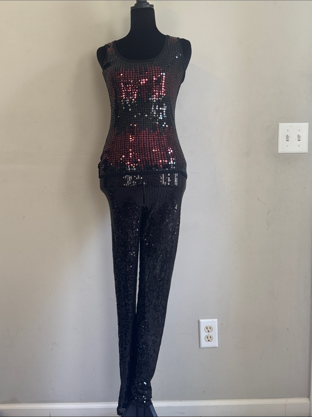 Black Sequin Tank and Trousers Set with Red Accents